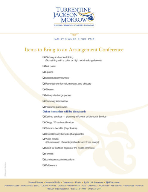 Items to Bring to an Arrangement